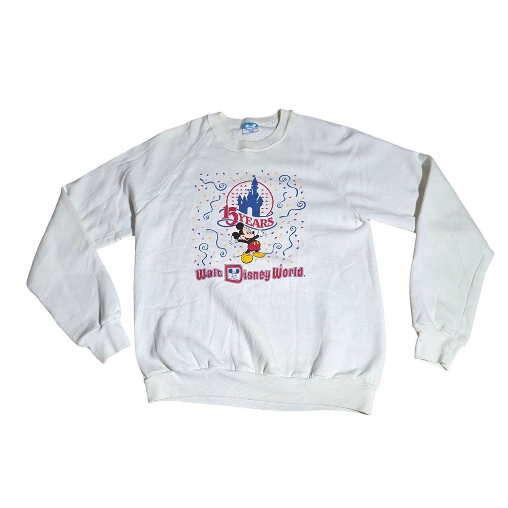 Vintage Walt Disney World 15 Years Mickey Mouse Sweatshirt White Large 1986 USA